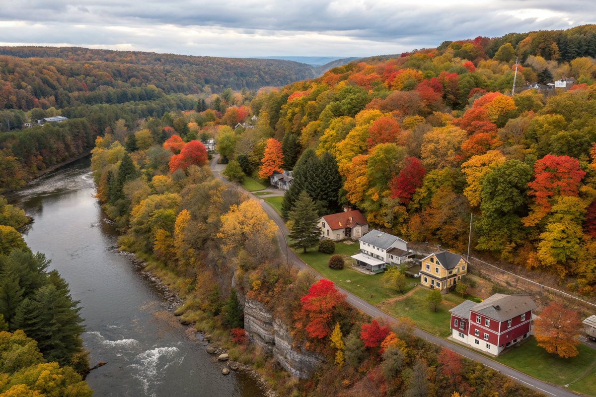 Aerial view of older houses and autumn trees along a river gorge