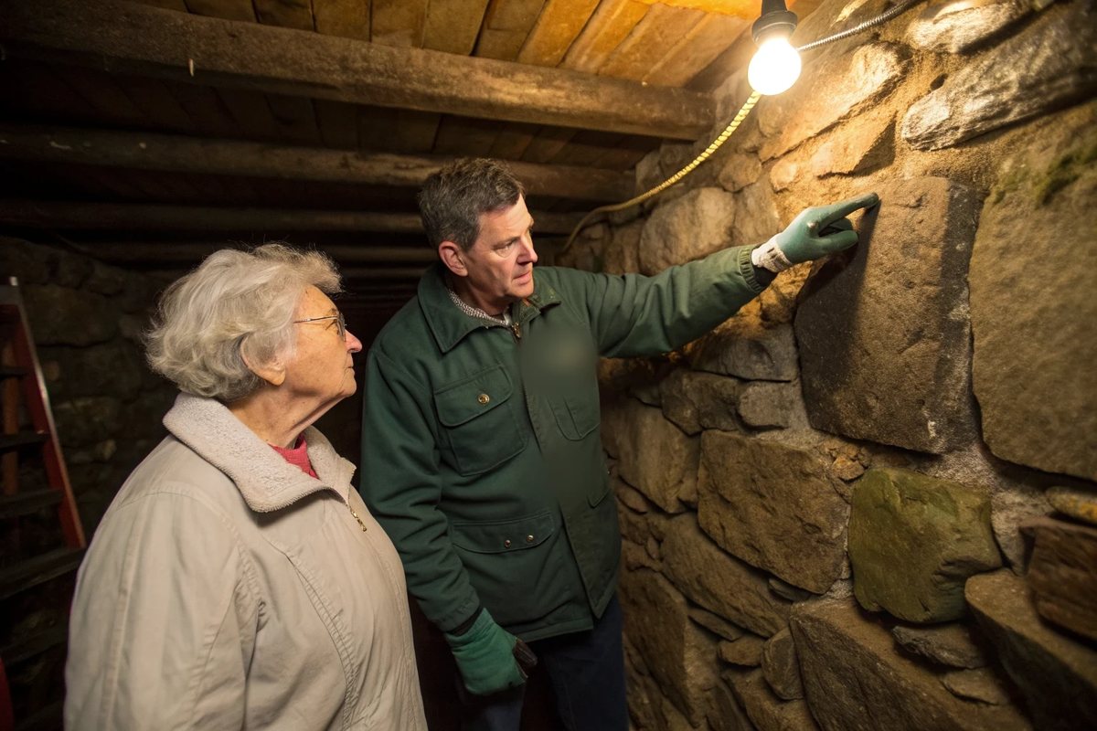 Two people looking at a damp fieldstone wall in an old basement