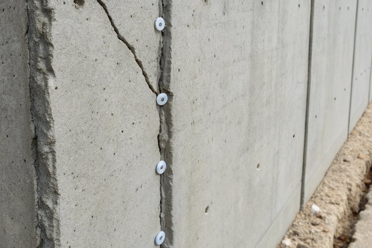 A sealed crack in a poured concrete wall with small white injection ports along it
