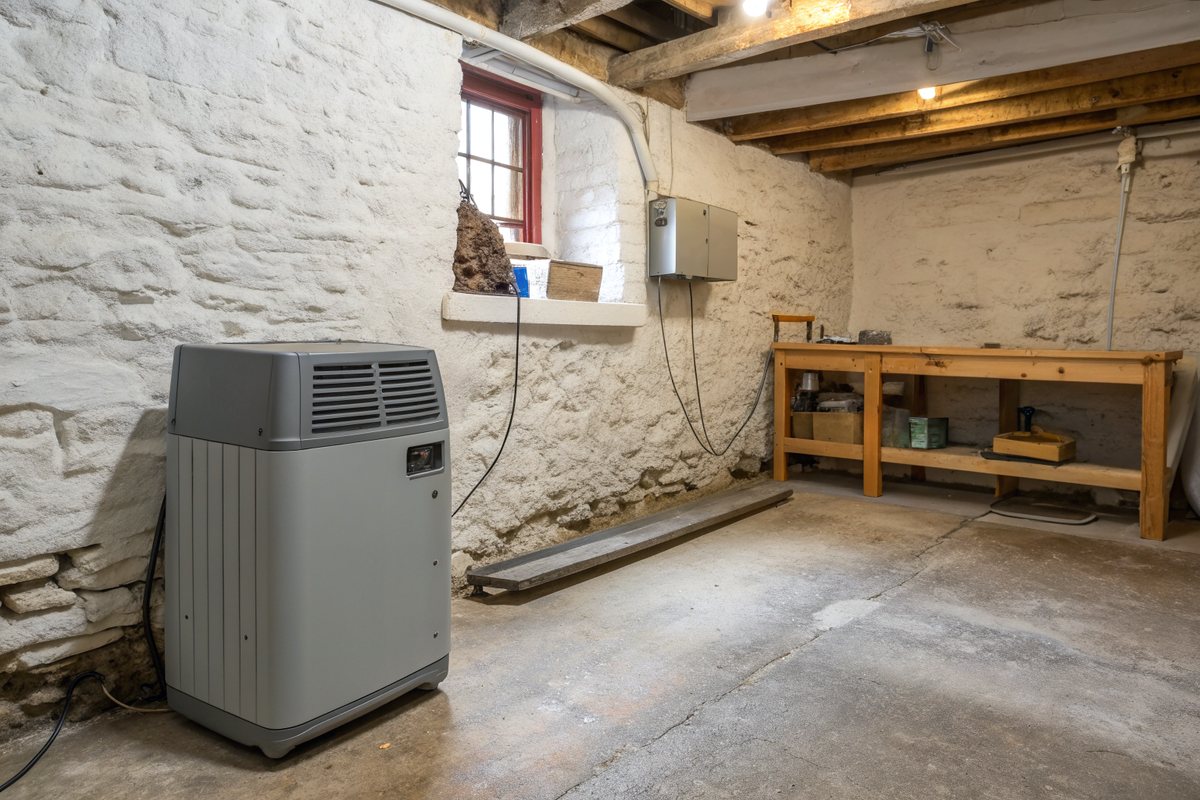 A gray dehumidifier on a dry floor in an old basement with whitewashed stone walls