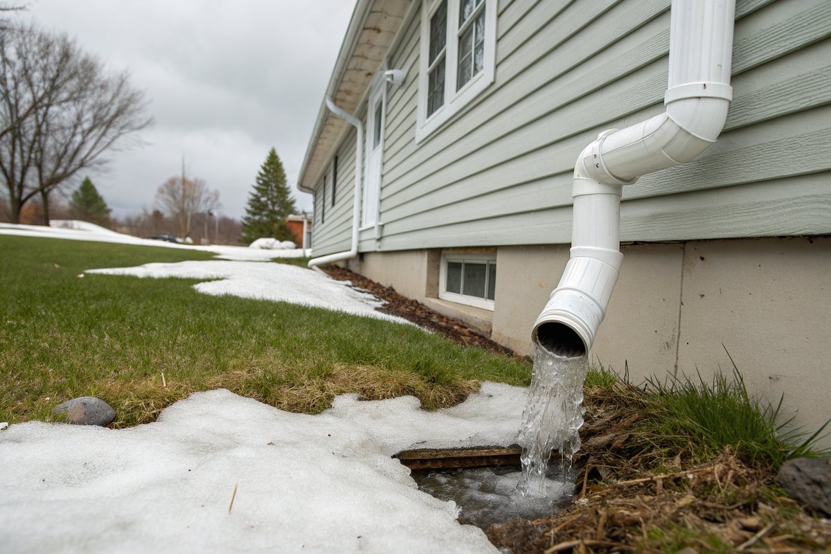 A white downspout extension carrying meltwater away from a clapboard house across melting snow