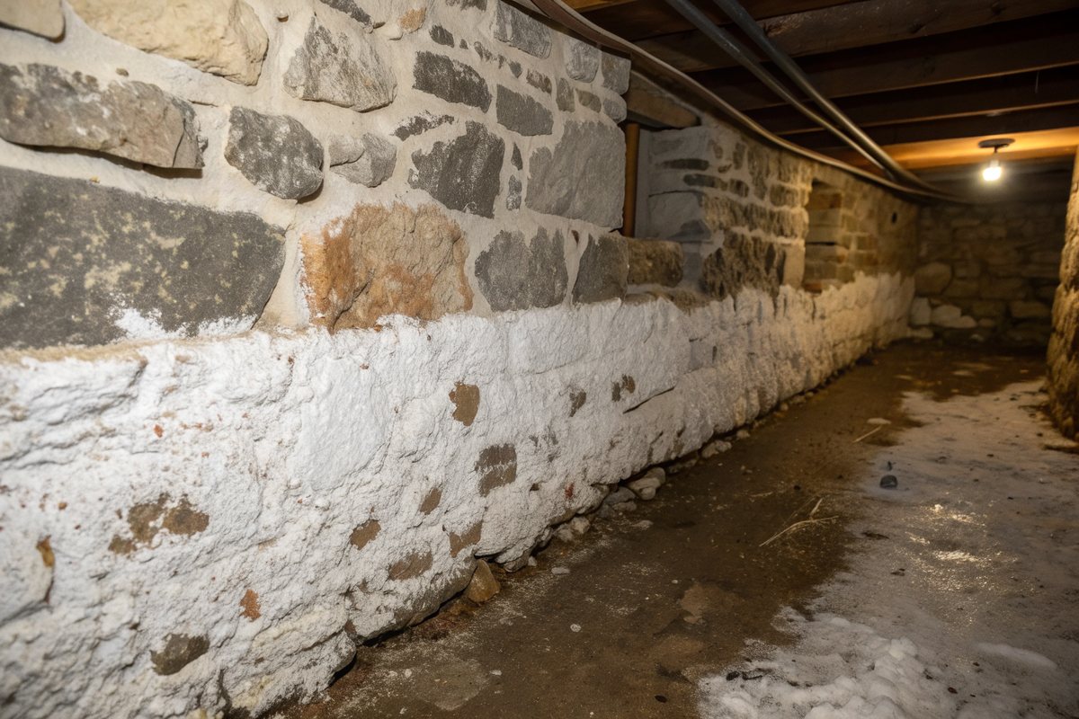 White powdery efflorescence and damp patches on an old fieldstone basement wall near the floor