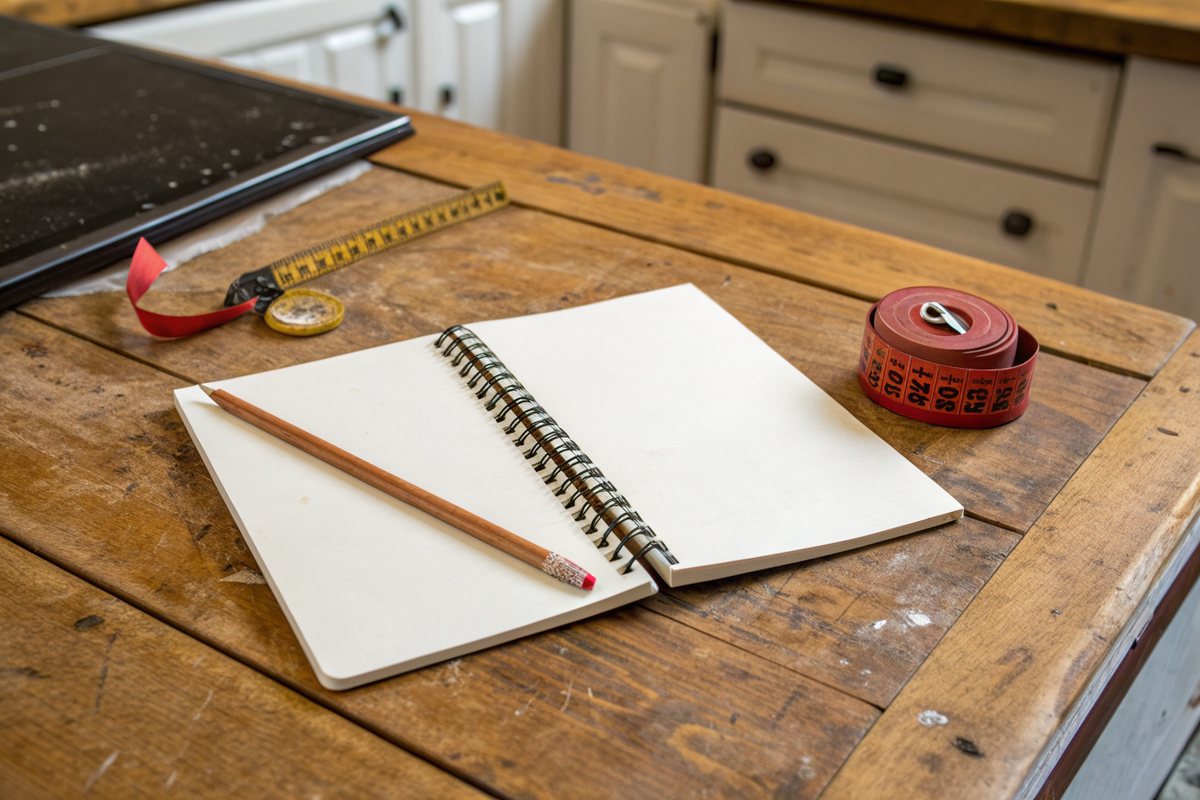 A blank spiral notepad, a pencil and a tape measure on a worn wooden table