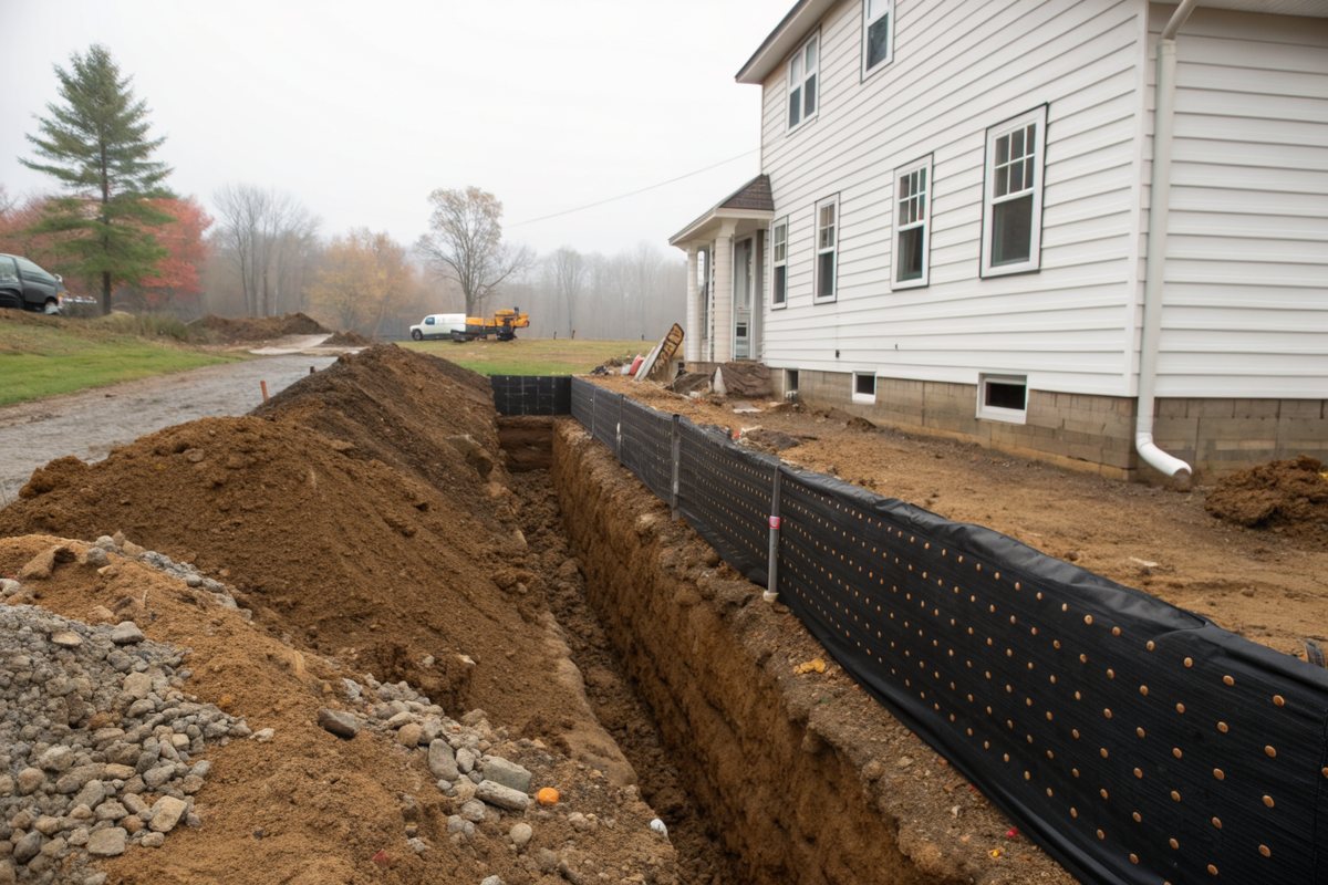 An open trench beside a clapboard house exposing a foundation coated in black waterproofing and drainage board