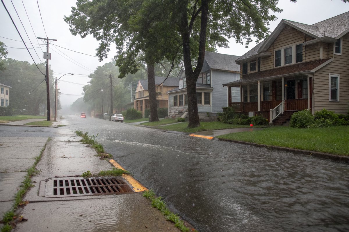 Heavy rain running along the curb of a street of older wood houses into a storm drain
