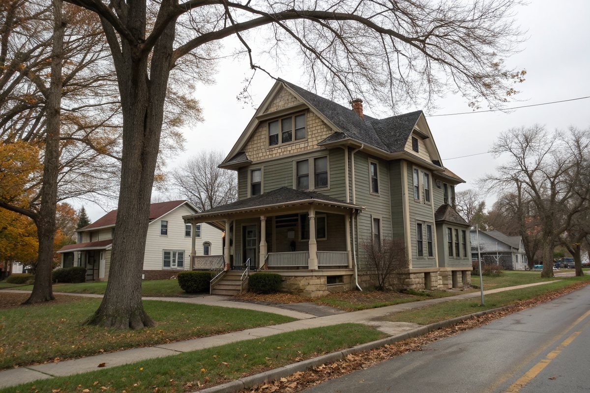 An early 1900s wood-frame house with a deep front porch and a fieldstone foundation with small basement windows