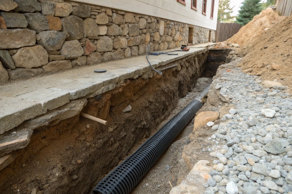 A trench opened along an old fieldstone basement wall holding gravel and a black perforated drain pipe