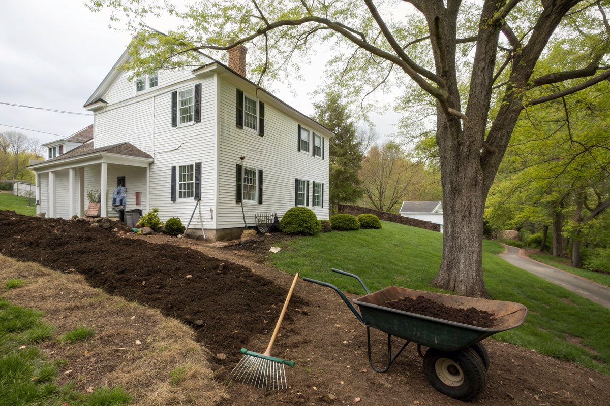 New topsoil graded away from the foundation of a clapboard colonial house, with a rake and wheelbarrow