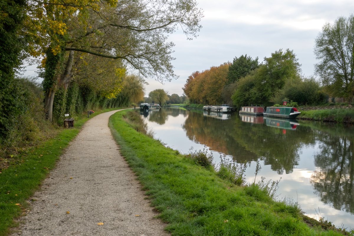 A gravel towpath along a calm canal lined with trees in early autumn