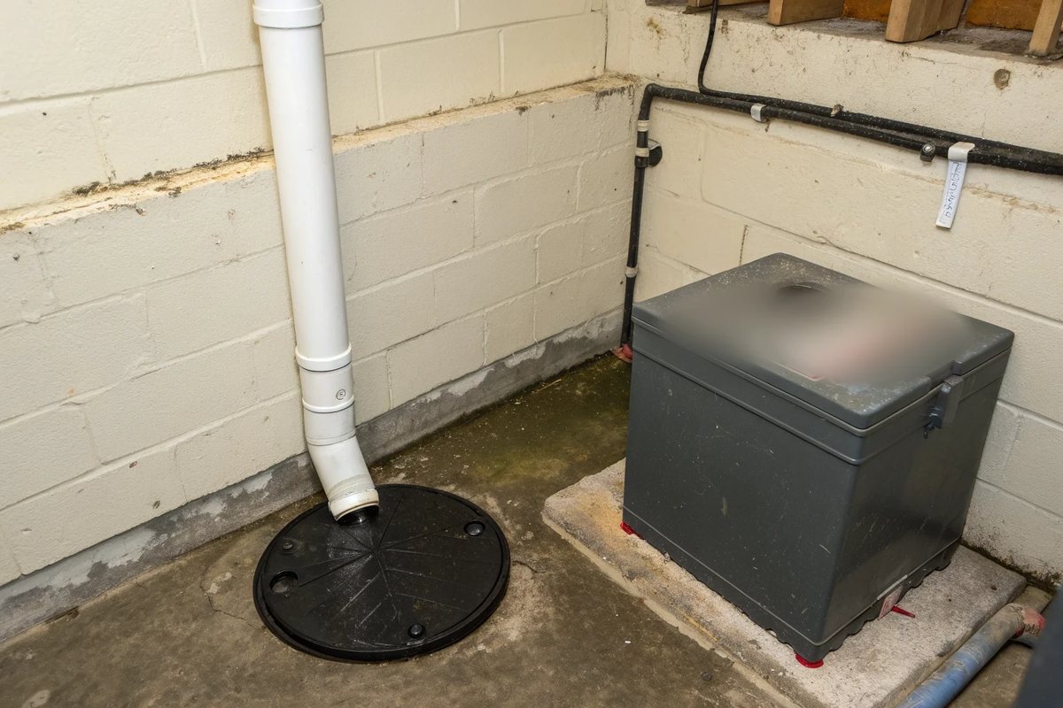 A sealed black sump lid, a white discharge pipe on a block wall and a gray backup battery box