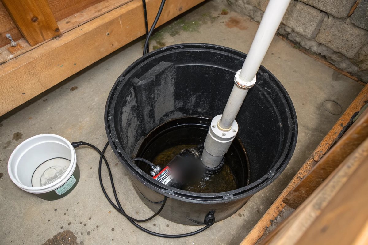 A submersible sump pump in a black basin with a white discharge pipe rising out