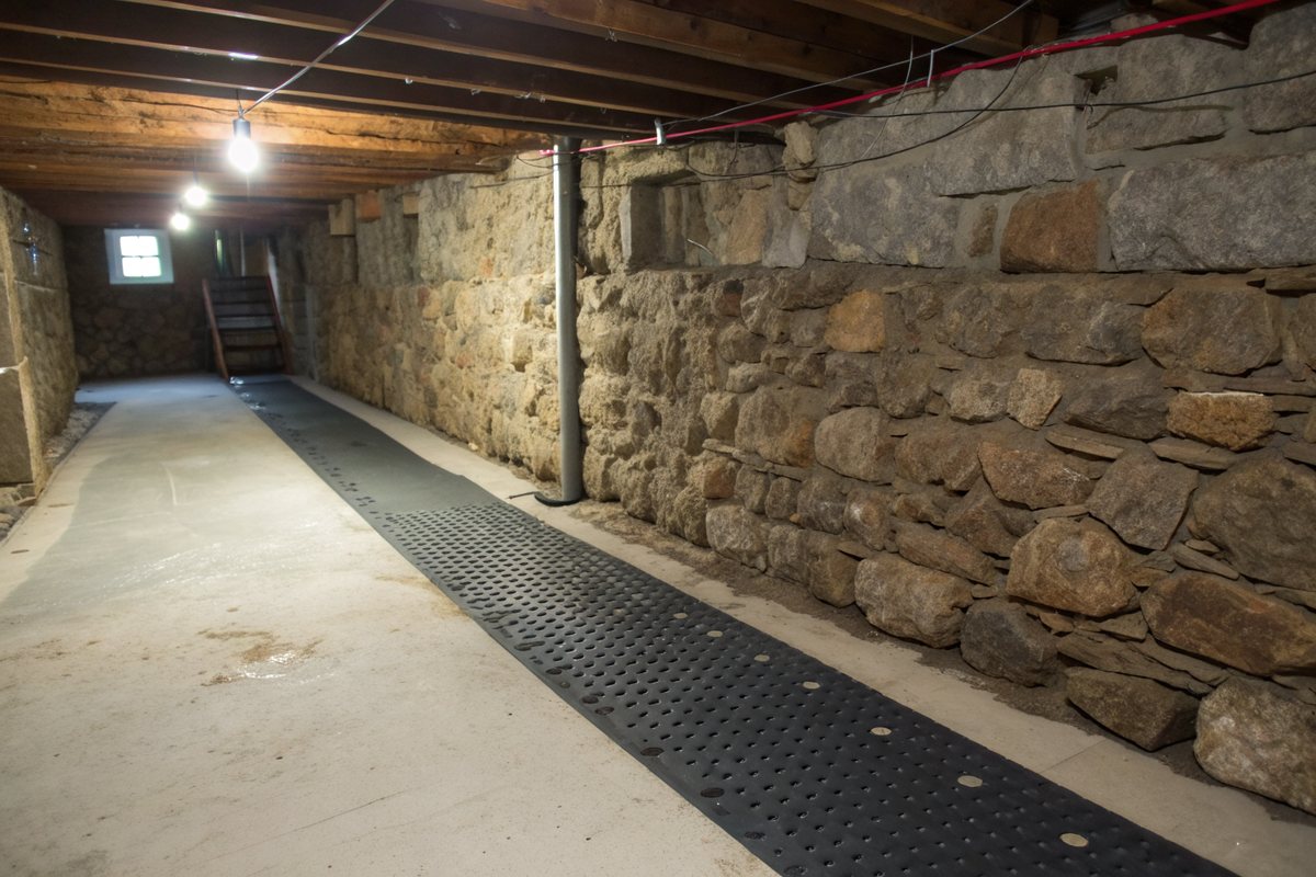 A dark dimpled drainage membrane along the lower part of an old fieldstone basement wall