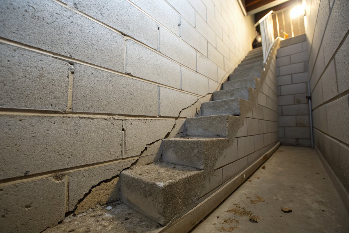 A stair-step crack through the mortar joints of a concrete block basement wall