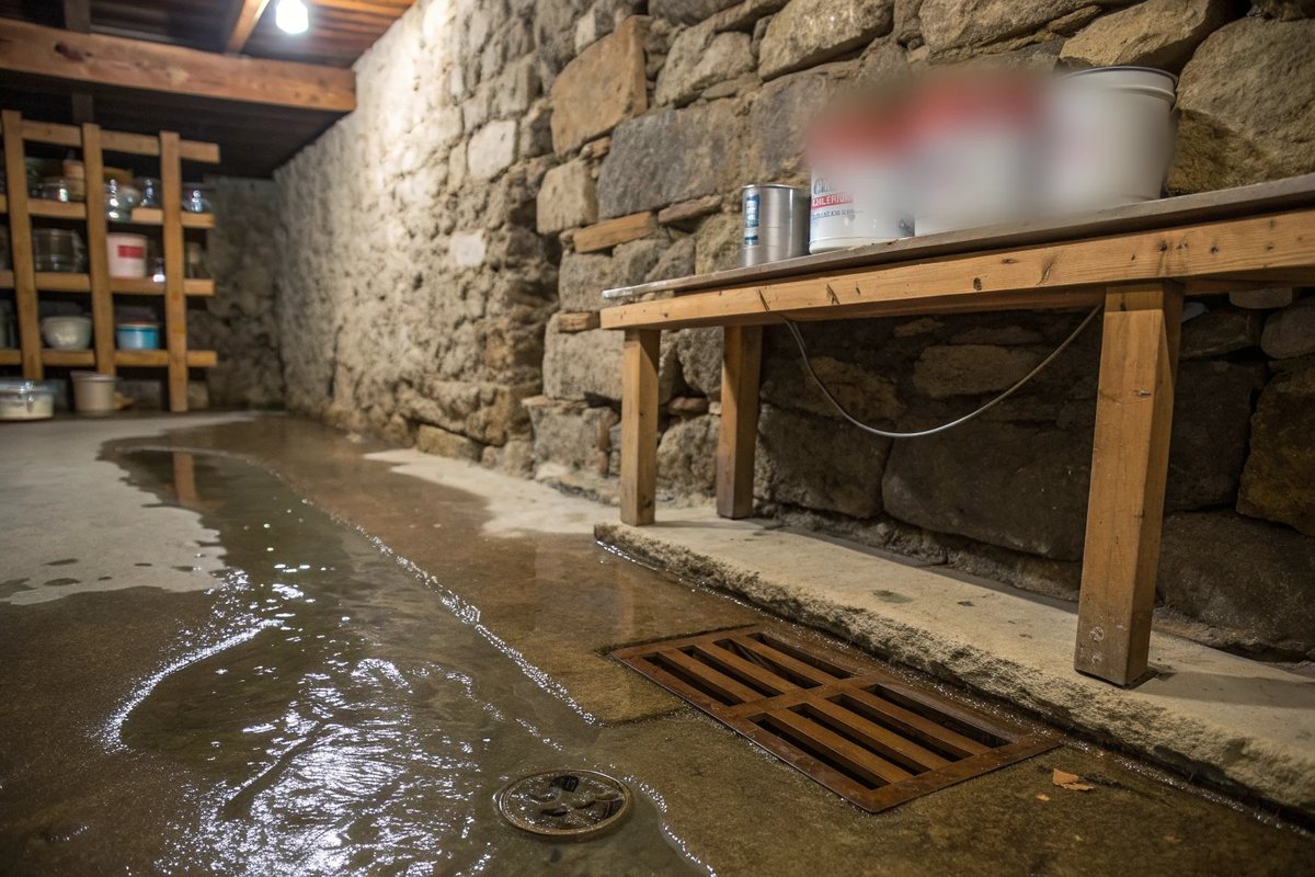 Meltwater spreading across an old basement floor from the base of a fieldstone wall toward a floor drain